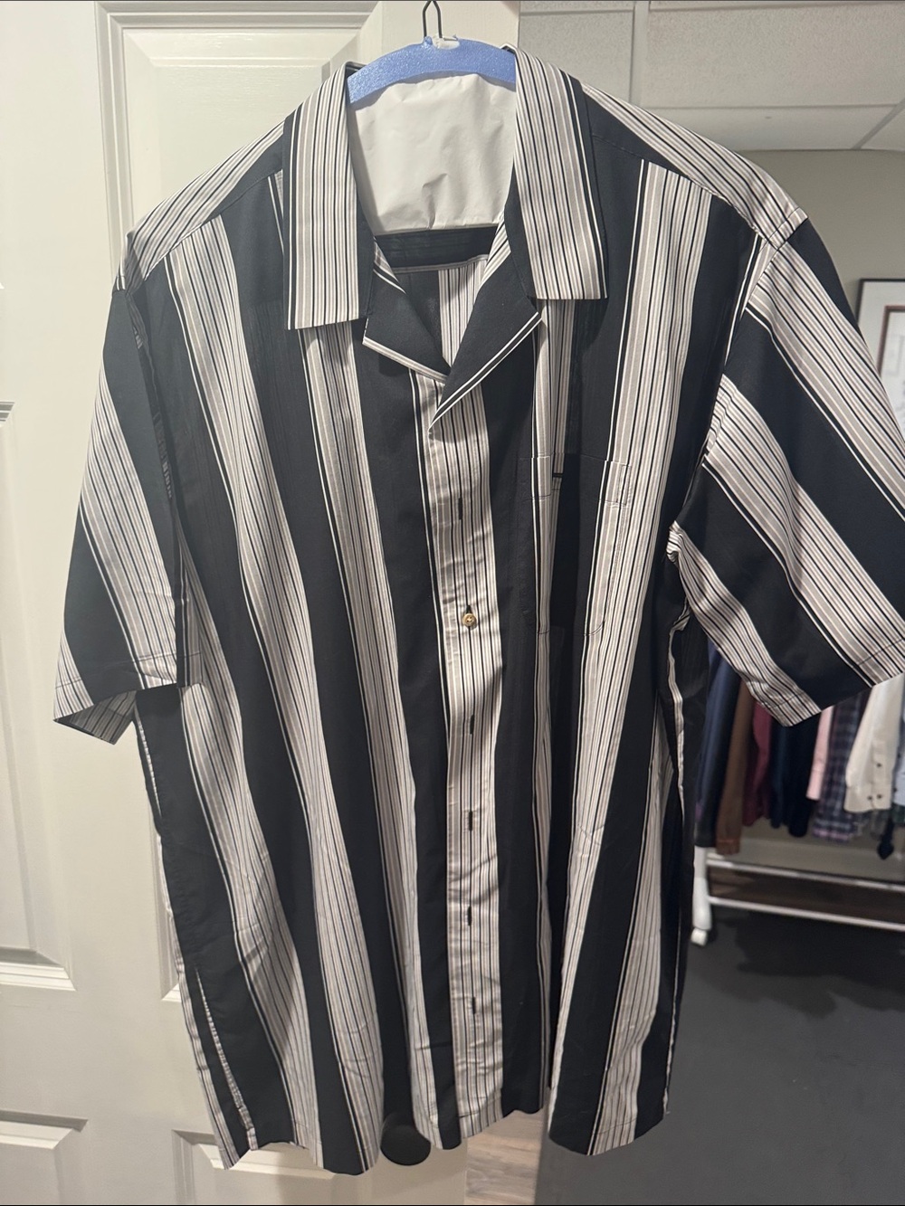 Paul Fredrick Black & White Vertical Stripe Short-Sleeve Shirt